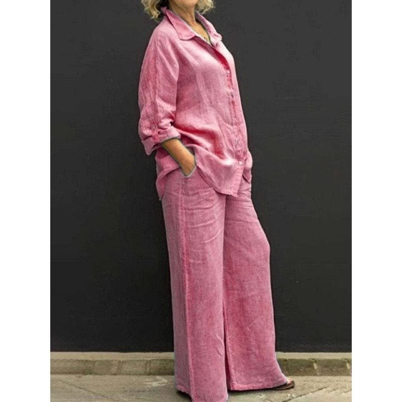 Damen Leichtes Leinen-Loungewear-Set mit Oversized-Hemd und weiter Palazzo-Hose Shop Nory
