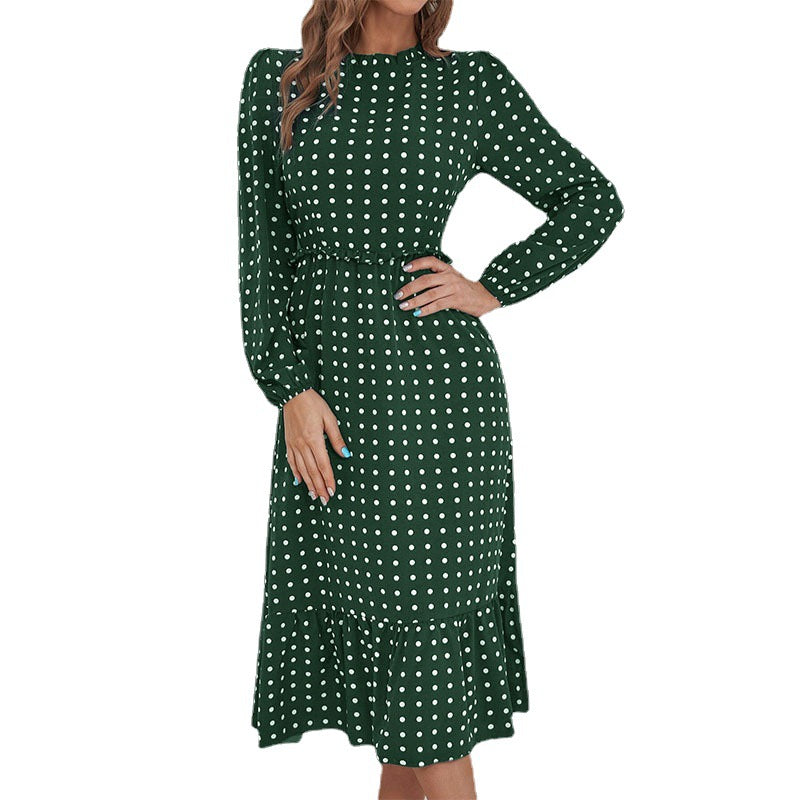 Damen Midikleid im Retro-Polka-Dot-Stil mit Stehkragen, taillierter Raffung und Volant Shop Nory