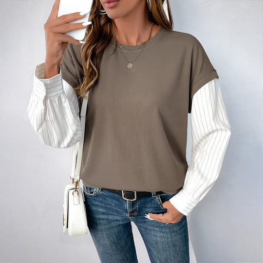 Damen Casual-Longsleeve mit Rippoberteil & gestreiften Blusenärmeln Shop Nory
