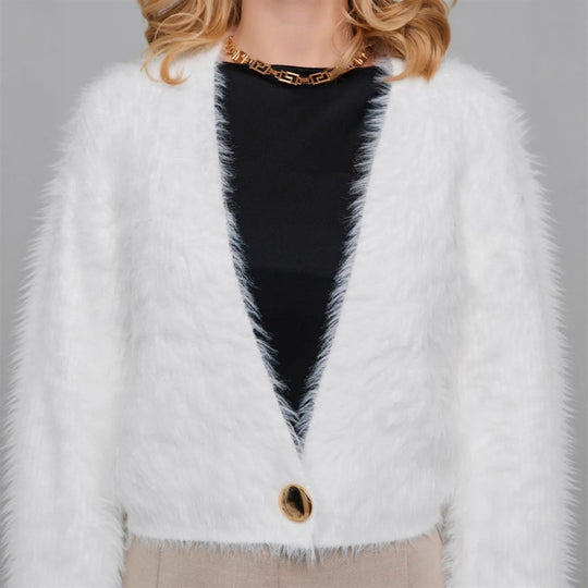 Damen Kurze flauschige Kunstfell-Cardigan mit offenem Schnitt und Raglanärmeln Shop Nory