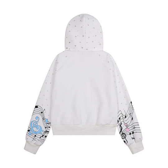 Damen Kapuzen-Sweatjacke mit Front-Reißverschluss, musikalischem Print und Sternchen-Design Shop Nory