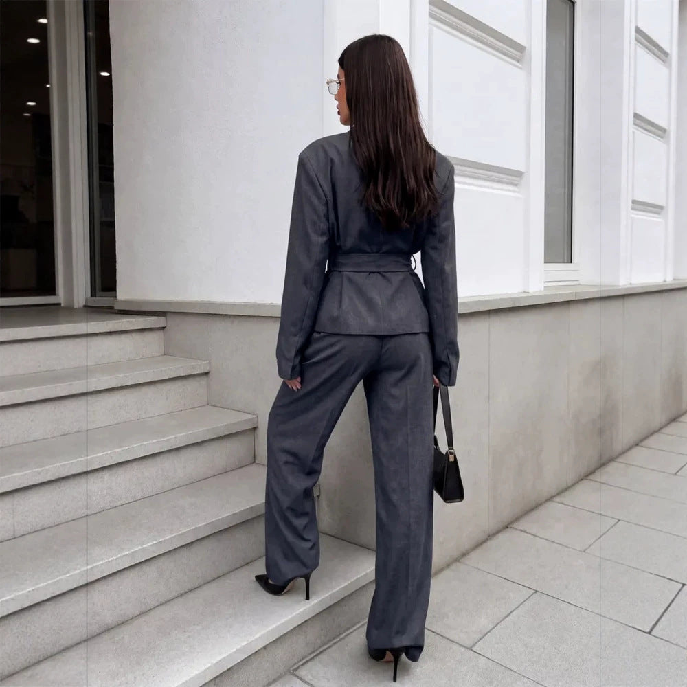 Damen Elegantes Wickelblazer-Set mit Taillengürtel und weiter Bundfaltenhose Shop Nory