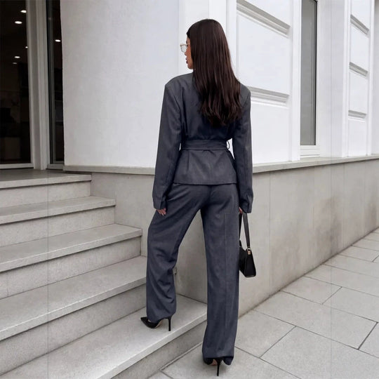 Damen Elegantes Wickelblazer-Set mit Taillengürtel und weiter Bundfaltenhose Shop Nory