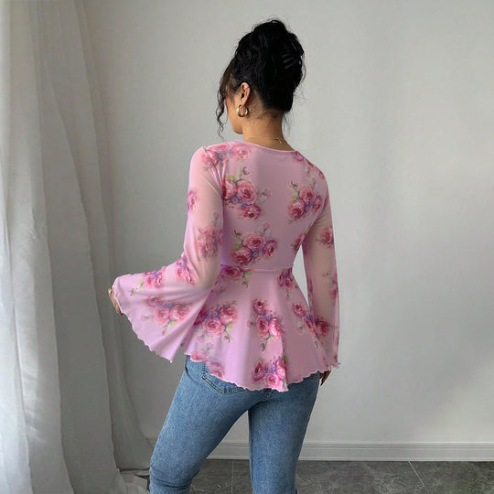 Damen florales Chiffon-Top mit Bindeschleife, Herzausschnitt, ausgestellten Glockenärmeln und tailliertem Schößchen Shop Nory