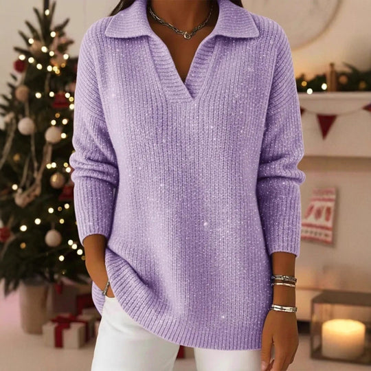Damen Eleganter V-Pullover mit glänzenden Akzenten