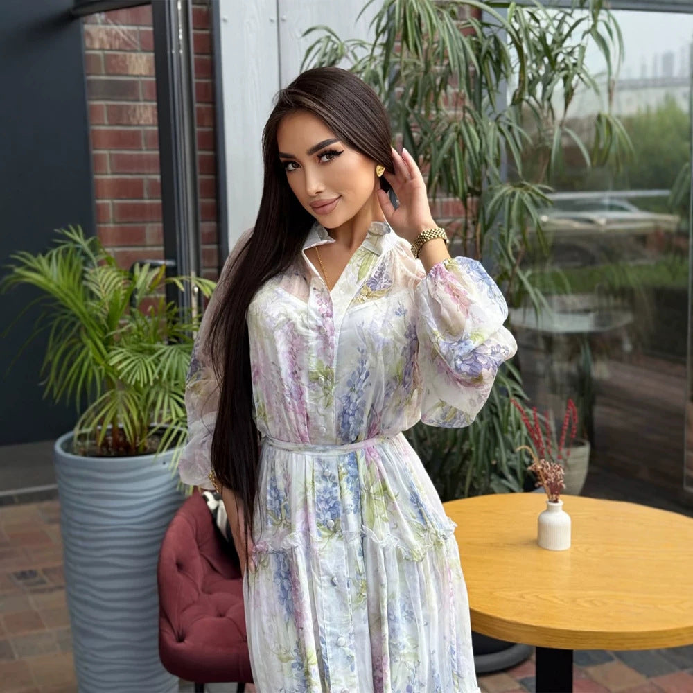 Damen Langes Chiffon-Stufenmaxikleid mit Volants & zarten Blumen-Print Shop Nory