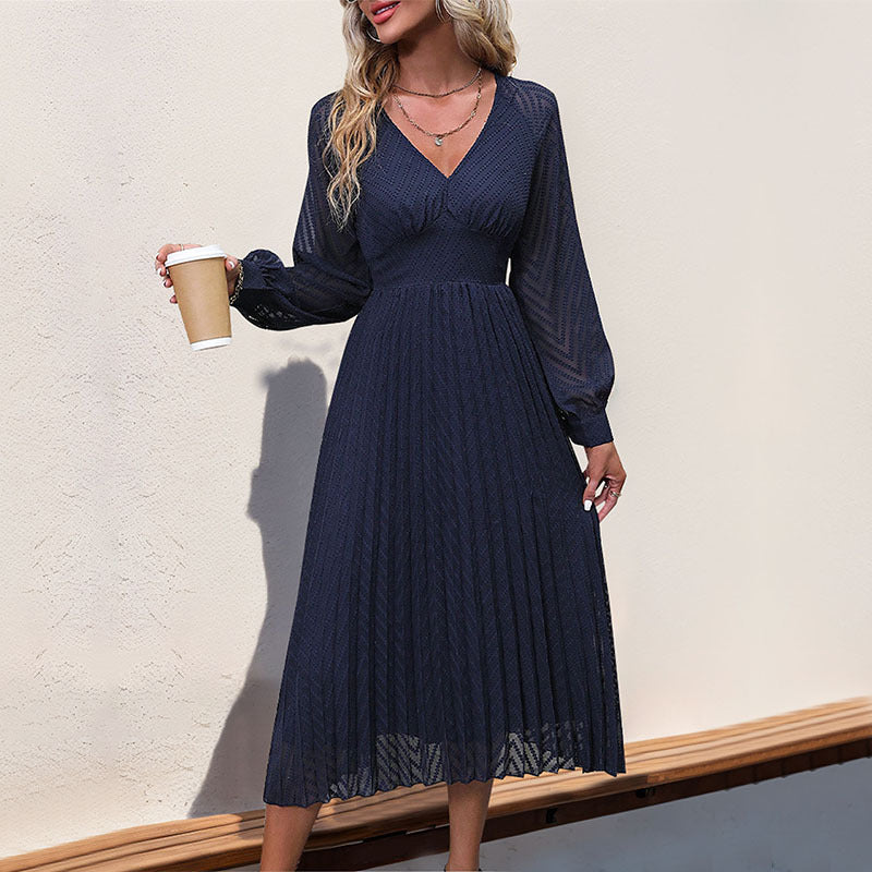 Damen Plissiertes Midikleid mit V-Ausschnitt, tailliertem Bund und transparenten Ballonärmeln Shop Nory