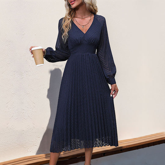 Damen Plissiertes Midikleid mit V-Ausschnitt, tailliertem Bund und transparenten Ballonärmeln Shop Nory