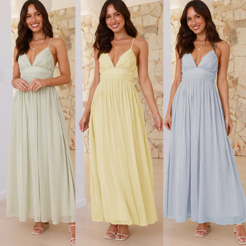 Damen Maxikleid mit schmalen Spaghetti-Trägern und elegantem Wickel-Design