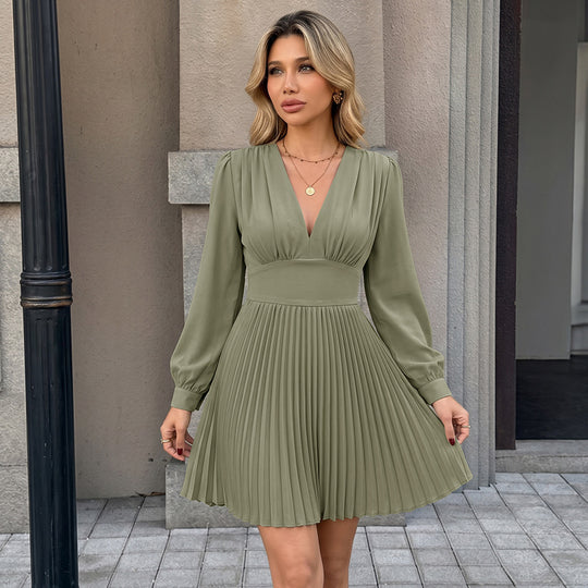 Damen Plissiertes V-Ausschnitt-Kleid mit Taillenband und Langärmeliger Silhouette Shop Nory