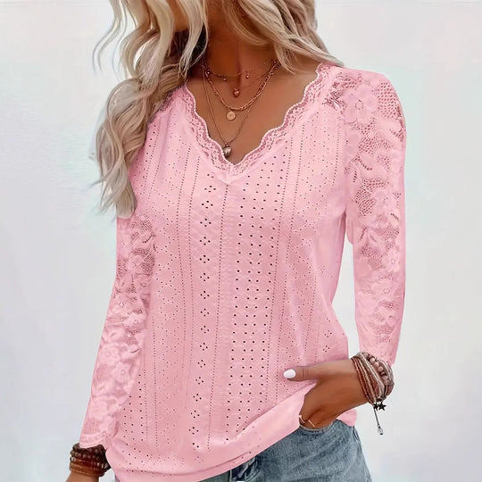 Damen Langarmbluse aus Lochstickerei mit Spitzen‑V‑Ausschnitt und floralem Netzärmel Shop Nory