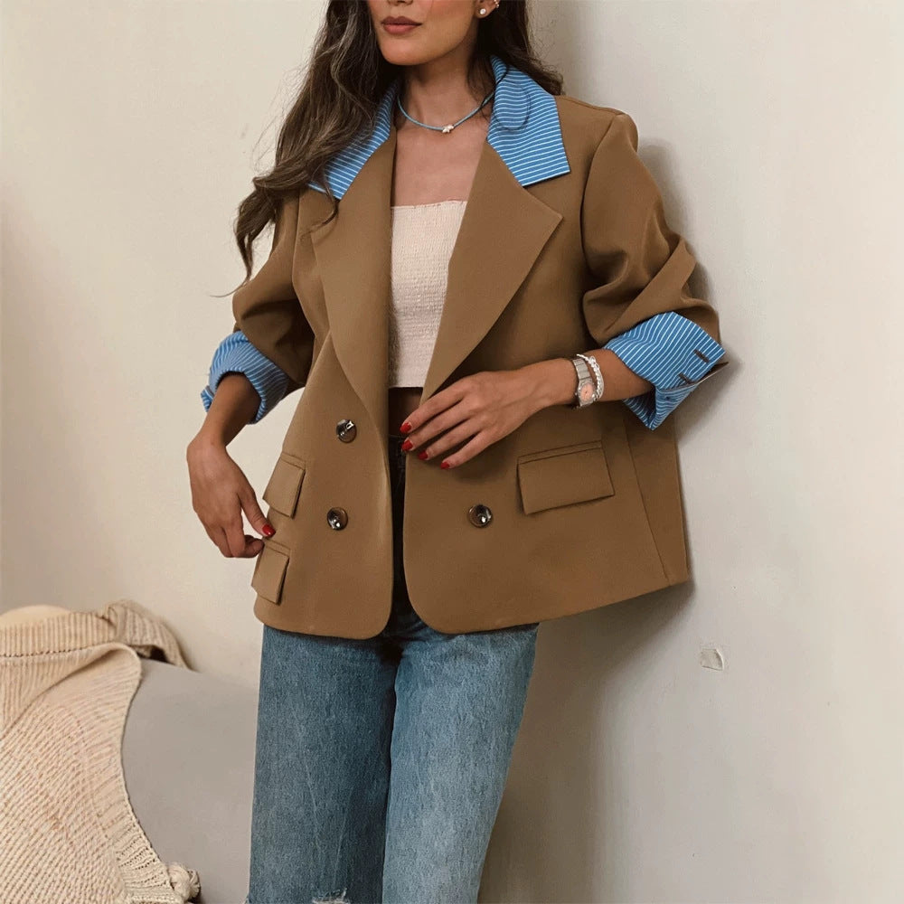 Damen Oversize-doppelreihiger Blazer mit kontrastkragen & aufschlagärmeln Shop Nory