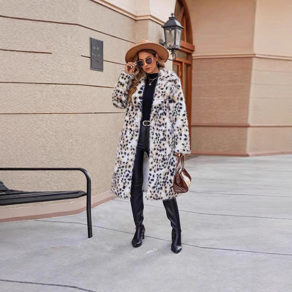 Damen Midi-Kunstpelzmantel mit Leopardenprint, tailliertem Bindegürtel und Schalkragen Shop Nory