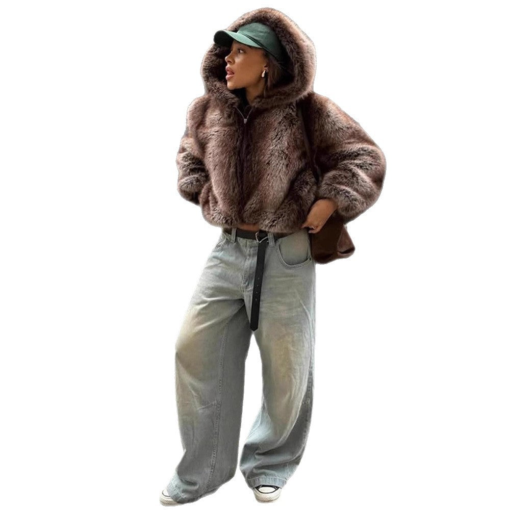 Damen Boxy-Kunstfell-Hoodie mit voluminöser Kapuze und lockerer Silhouette Shop Nory