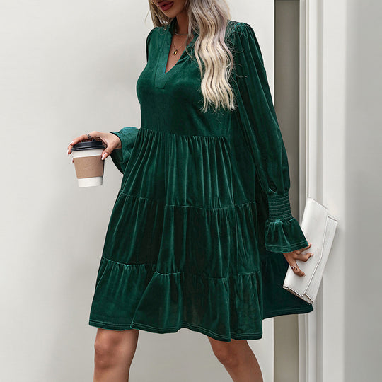 Damen Samt-Stufenkleid mit V-Ausschnitt, geraffter Passe und ballonärmeln Shop Nory
