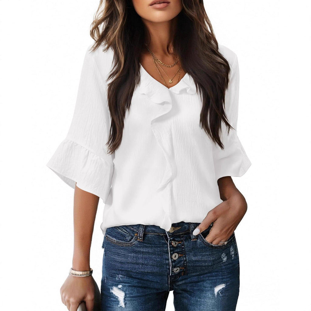 Damen Luftiges Blusenshirt mit Rüschendetails und V-Ausschnitt