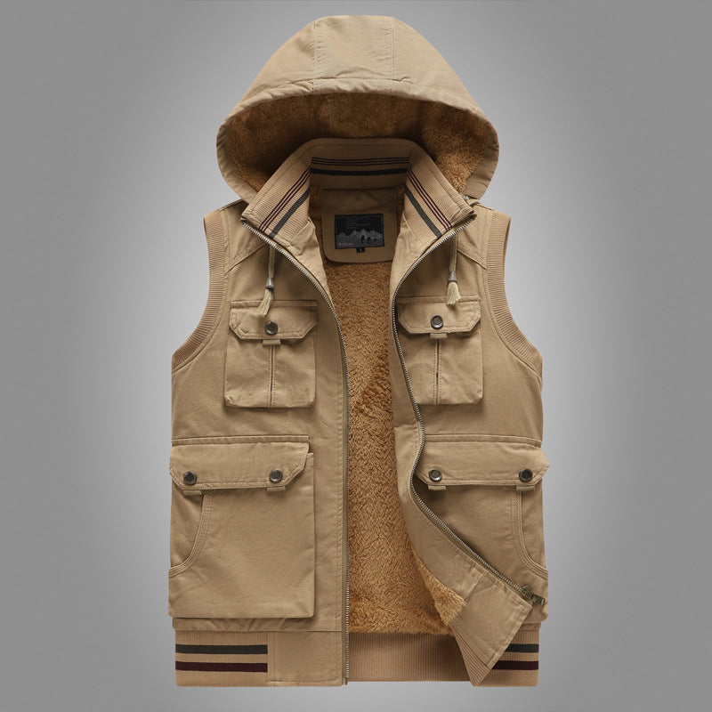 Herren Kapuzen-Weste mit Teddyfutter und Multifunktions-Utility-Taschen Shop Nory