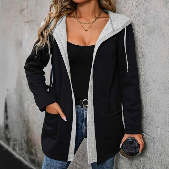 Damen Langer Kapuzen-Cardigan mit kontrastiertem Besatz, Kordelzug und Eingrifftaschen Shop Nory