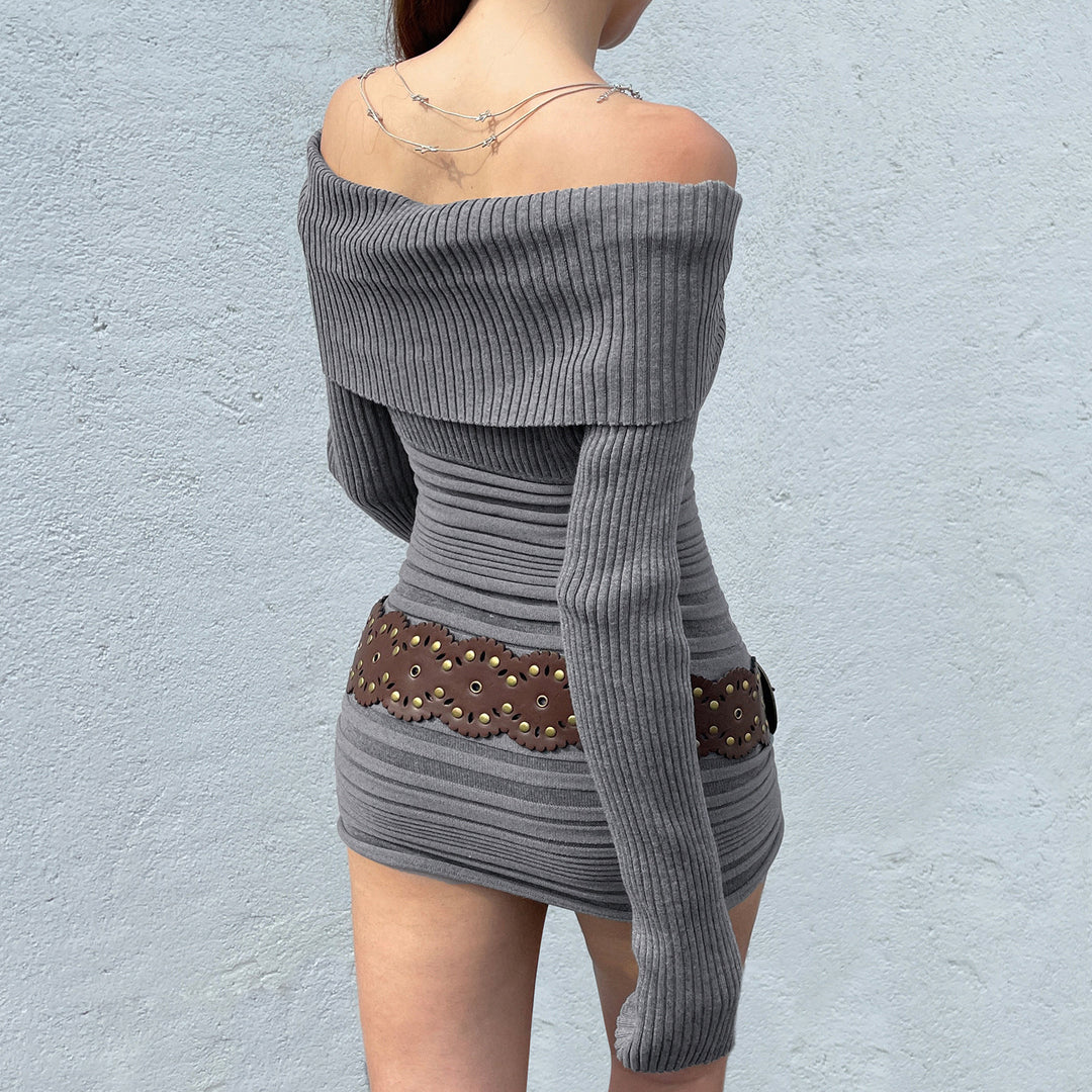 Damen nan schulterfreies figurbetontes Rippenstrick-Kleid mit Umschlagkragen, Längsraffung und Langarm Shop Nory