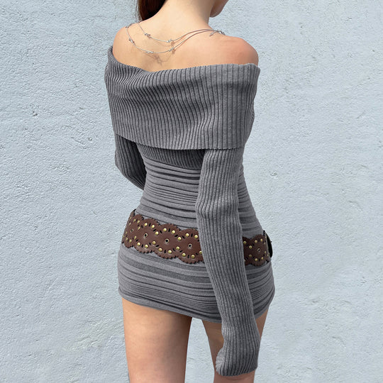 Damen nan schulterfreies figurbetontes Rippenstrick-Kleid mit Umschlagkragen, Längsraffung und Langarm Shop Nory