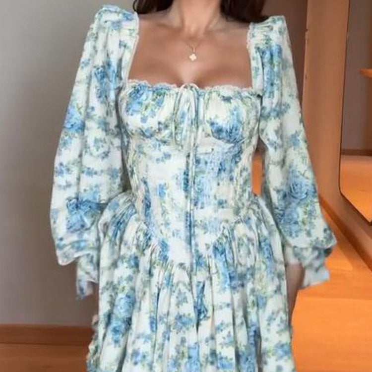 Damen Korsagen-Minikleid mit Puffärmeln, quadratischem Ausschnitt und stufigem Volantrock Shop Nory