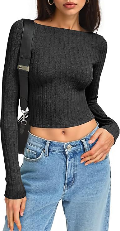 Damen Tailliertes Ripp-Cropped-Longsleeve mit U-Boot-Ausschnitt und Stretch-Baumwollmix Shop Nory