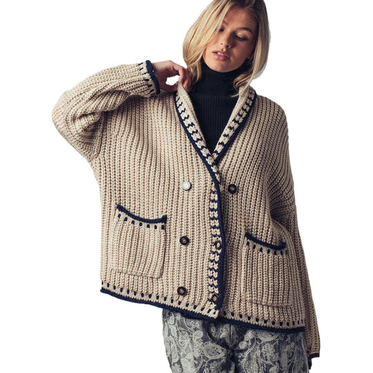 Damen Grobstrick-Cardigan mit Schalkragen, Zierstreifen & aufgesetzten Taschen Shop Nory