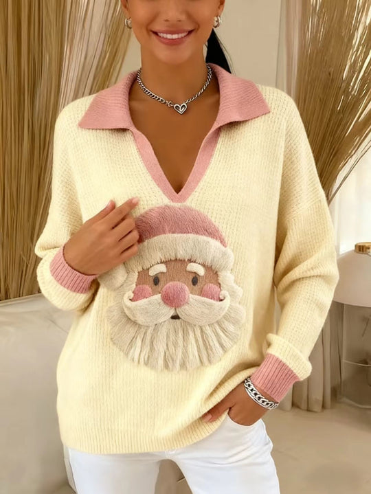 Damen Weicher Strickpullover mit V-Kragen, Polokragen und 3D-Weihnachtsmotiv Shop Nory