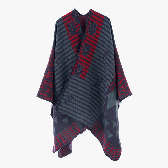 Damen Vielseitiger Strickponcho im Patchwork-Jacquard mit V-Ausschnitt und asymmetrischem Zipfelsaum Shop Nory