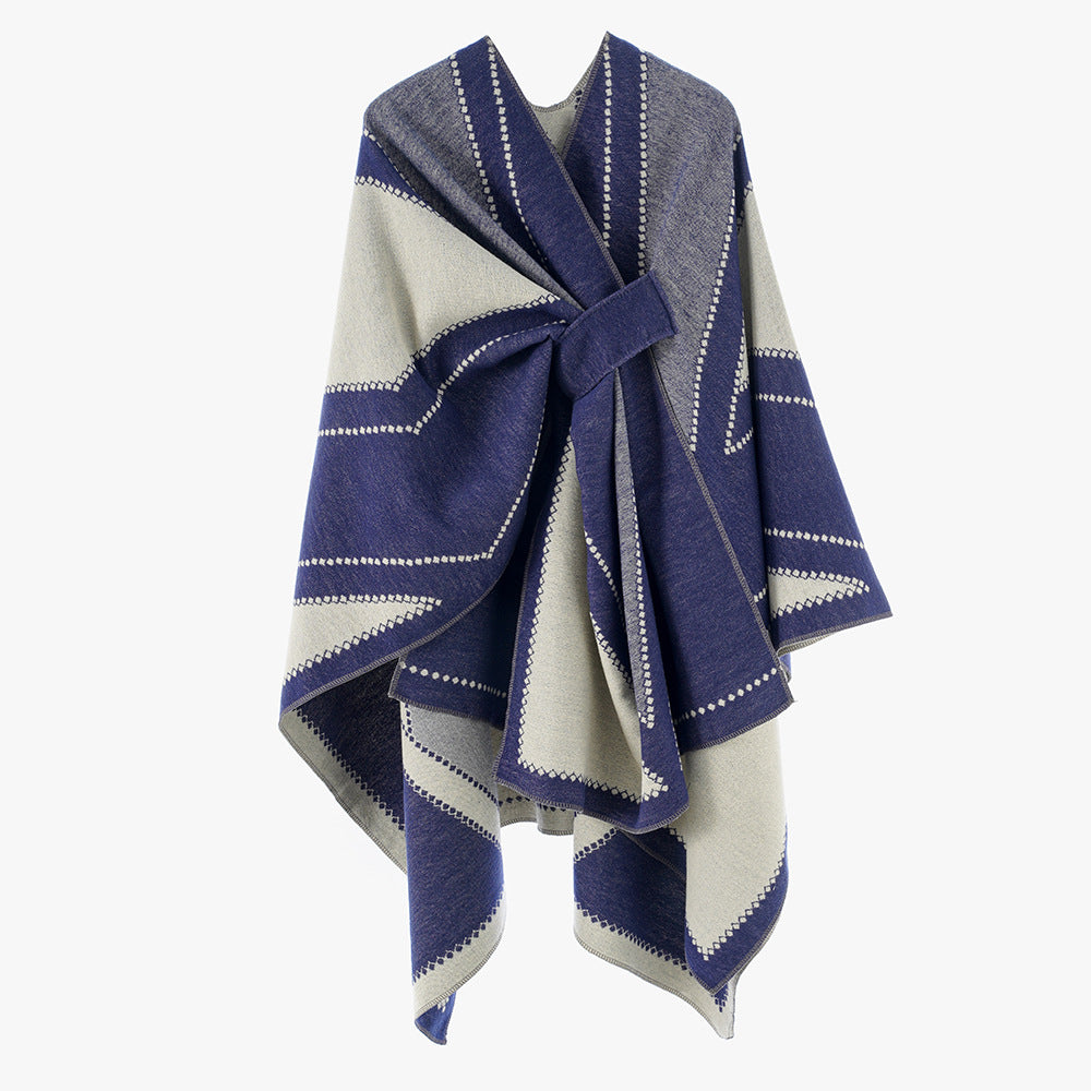 Damen Reversibler Wollmix-Poncho mit grafischem Jacquardmuster und Taillengürtel Shop Nory