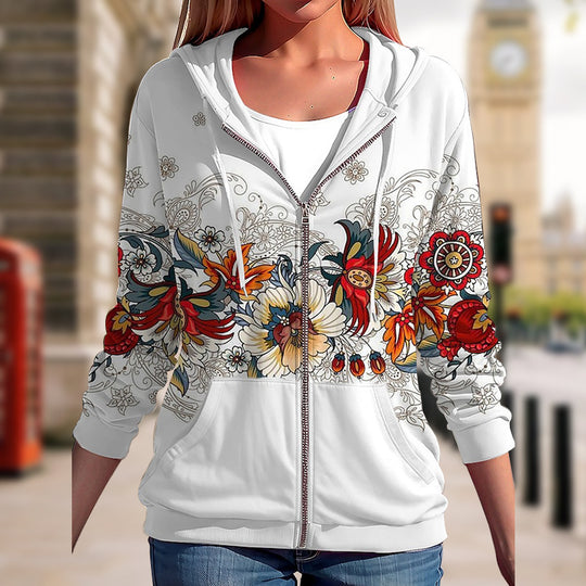 Damen Kapuzenjacke mit durchgehendem Reißverschluss und floraler Boho-Print-Optik Shop Nory