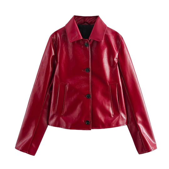 Damen Glänzende Kunstleder-Blusenjacke im Boxy‑Schnitt mit Hemdkragen Shop Nory