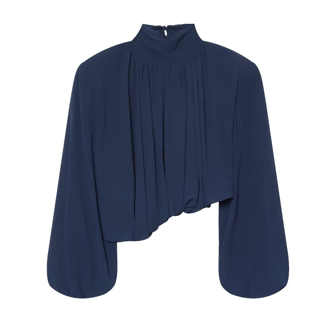 Damen Plissierte Bluse mit Stehkragen und Ballonärmeln Shop Nory
