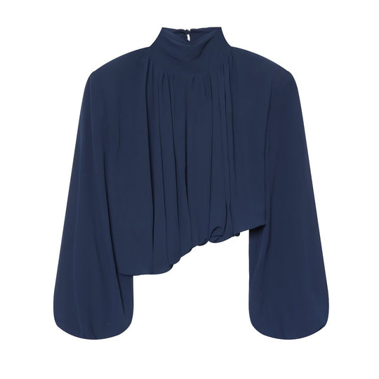 Damen Plissierte Bluse mit Stehkragen und Ballonärmeln Shop Nory