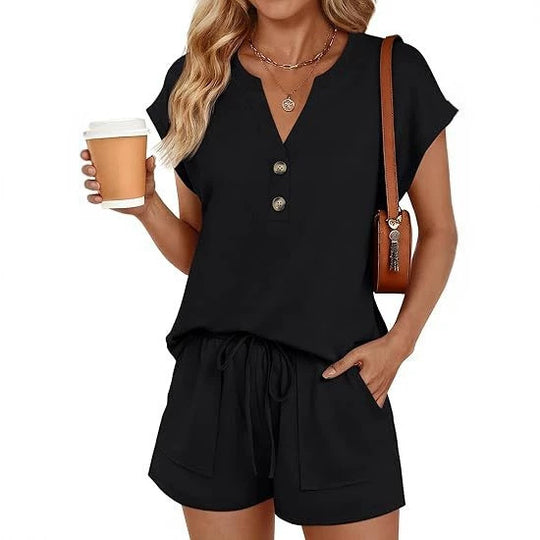 Damen Lässiges zweiteiliges Lounge-Set mit Knopfleiste, Kordelzugshorts und Eingrifftaschen Shop Nory