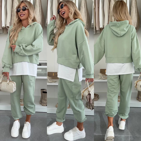 Damen Cropped-Hoodie-Lounge-Set mit asymmetrischem Saum, voluminösen Raglanärmeln und gekrempelter Jogginghose Shop Nory