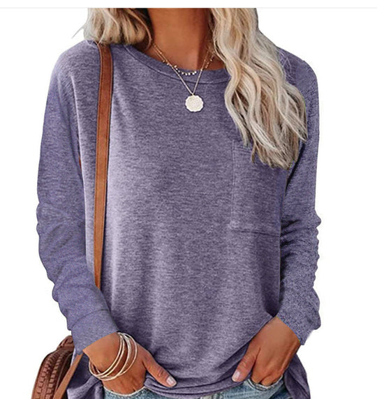 Damen lässiges Langarmshirt mit Taschen und Rundhalsausschnitt