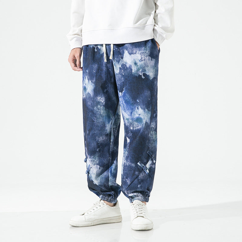 Herren Tie-Dye Baggy Jogginghose mit Tunnelzug, Gummibündchen und dekorativen Riemen Shop Nory