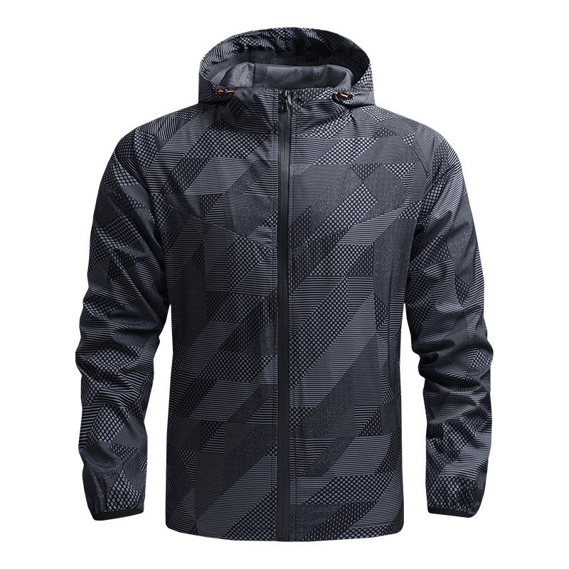 Herren Ultraleichte atmungsaktive Windjacke mit Kapuze und reflektierendem Geometrie-Print Shop Nory