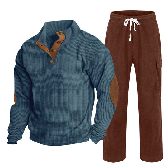 Herren Gemütliches Freizeit-Set aus Waffelstrick-Henley mit Ellenbogenpatch und Relax-Cargo-Hose Shop Nory