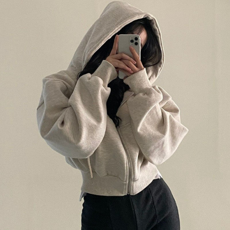 Damen nan oversized cropped Kapuzenjacke mit Reißverschluss und Ballonärmeln Shop Nory