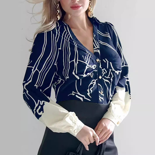 Damen V-Ausschnitt-Bluse mit abstraktem Grafikprint, Ballonärmeln und kontrastierenden Manschetten Shop Nory