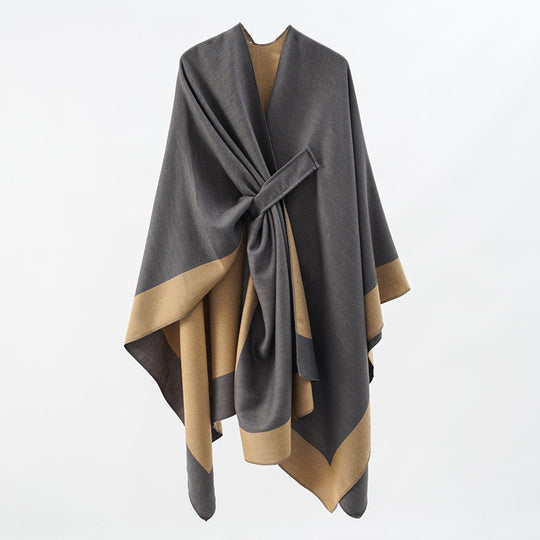 Damen Weicher Strickponcho mit Gürtel und Kontrastkante Shop Nory