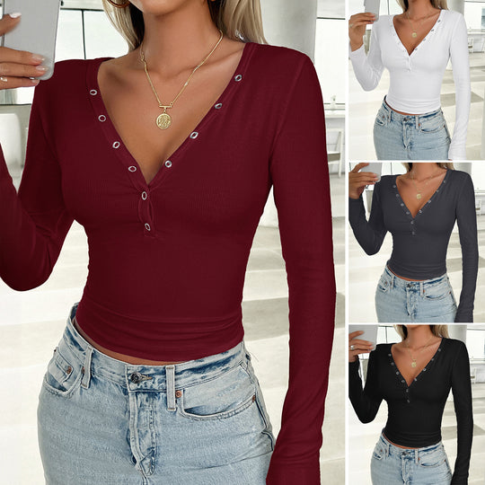 Damen nan tailliertes Ripp-Langarmshirt mit dekorativer Knopfleiste und Metallösen Shop Nory