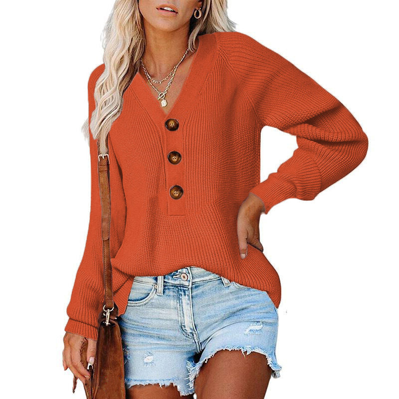 Damen Gerippter Strickpullover mit V‑Ausschnitt, Zierknopfleiste und Ballonärmeln Shop Nory