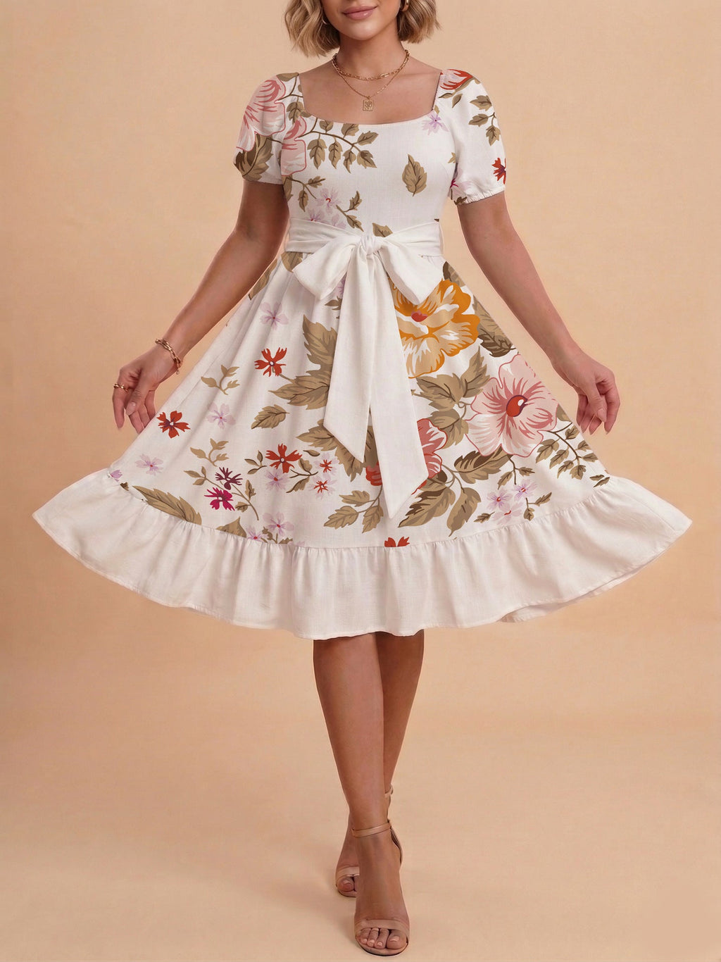 Damen Sommerliches Blumenkleid mit taillierbarem Gürtel und voluminösen Ärmeln