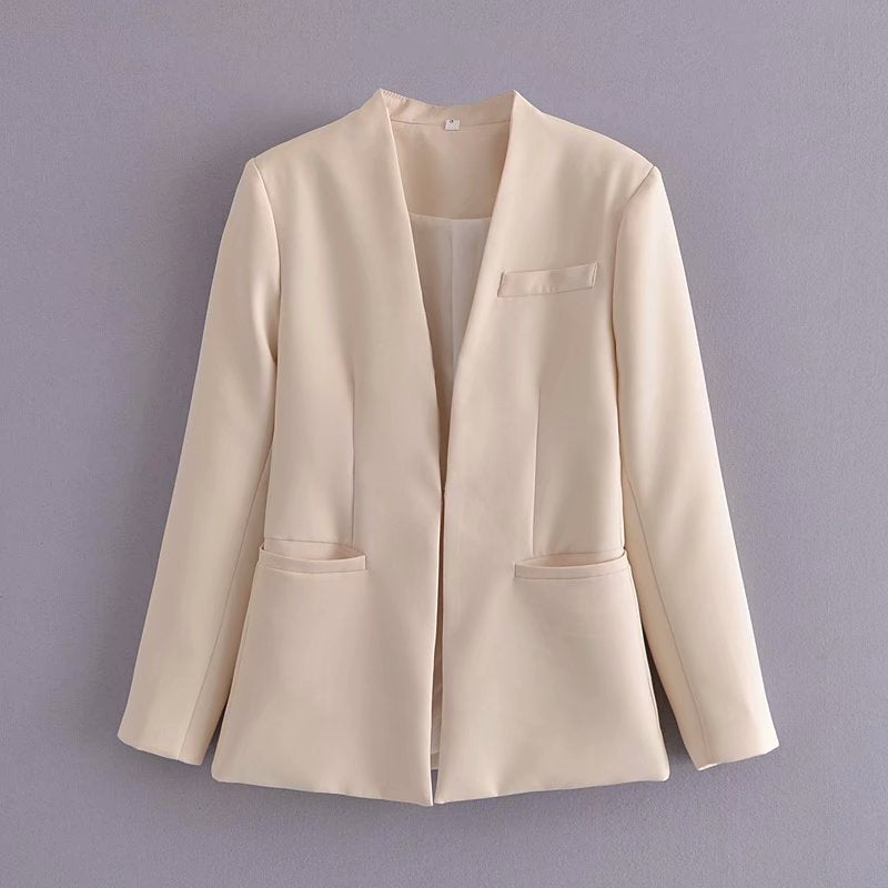Damen Taillierter Blazer ohne Revers mit offener Front und Paspeltaschen Shop Nory
