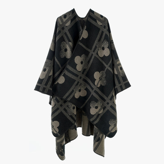 Damen Reversibler Jacquard-Poncho aus Wollmix mit floralem Karo‑Motiv und Zierkettelnaht Shop Nory