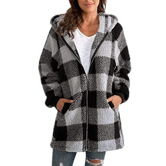 Damen Kariertes Teddy-Fleece-Mantel mit Kapuze und Reißverschluss Shop Nory