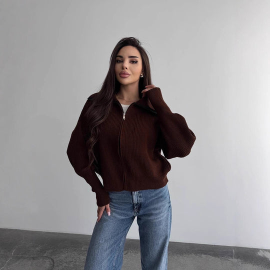 Damen Grobstrick-Zipper-Cardigan mit Ballonärmeln und Stehkragen Shop Nory